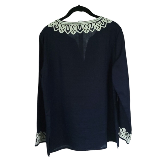 TALBOTS Small Linen Embroidered Nautical Coastal Preppy Tunic Top Navy & White - Picture 7 of 12
